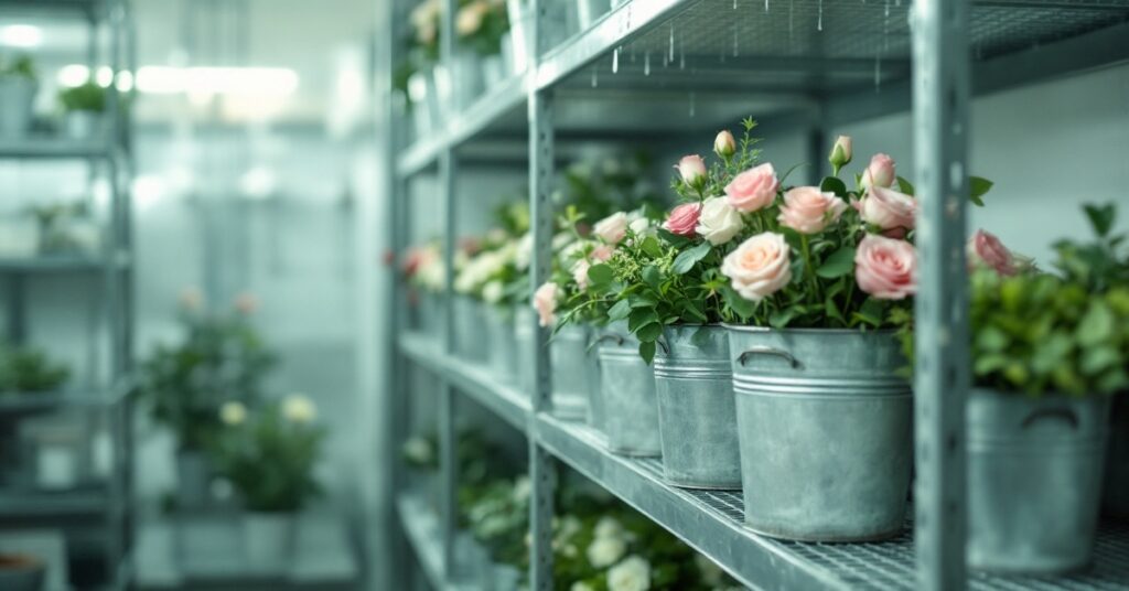Seaux galvanises de roses en chambre froide de fleuriste, bonnes pratiques de stockage des fleurs coupees