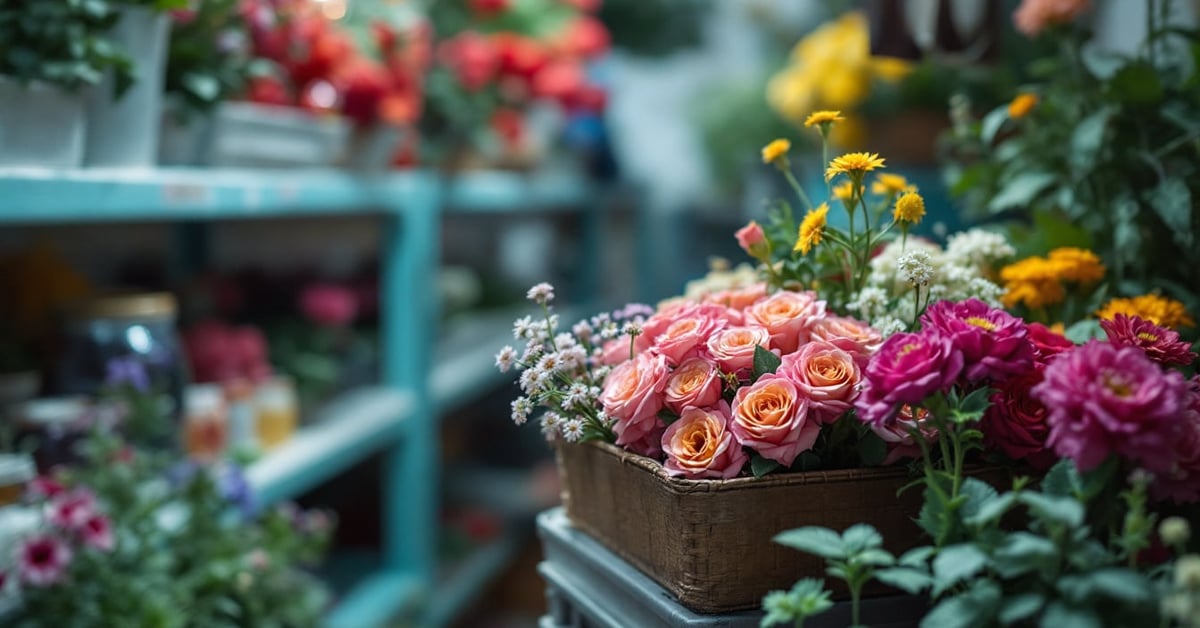 Chambre froide fleuriste avec fleurs coupées stockées à température contrôlée