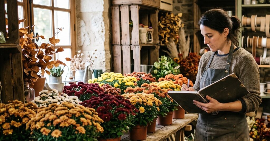 Fleuriste notant son réassort de Toussaint au milieu de ses chrysanthèmes en pots