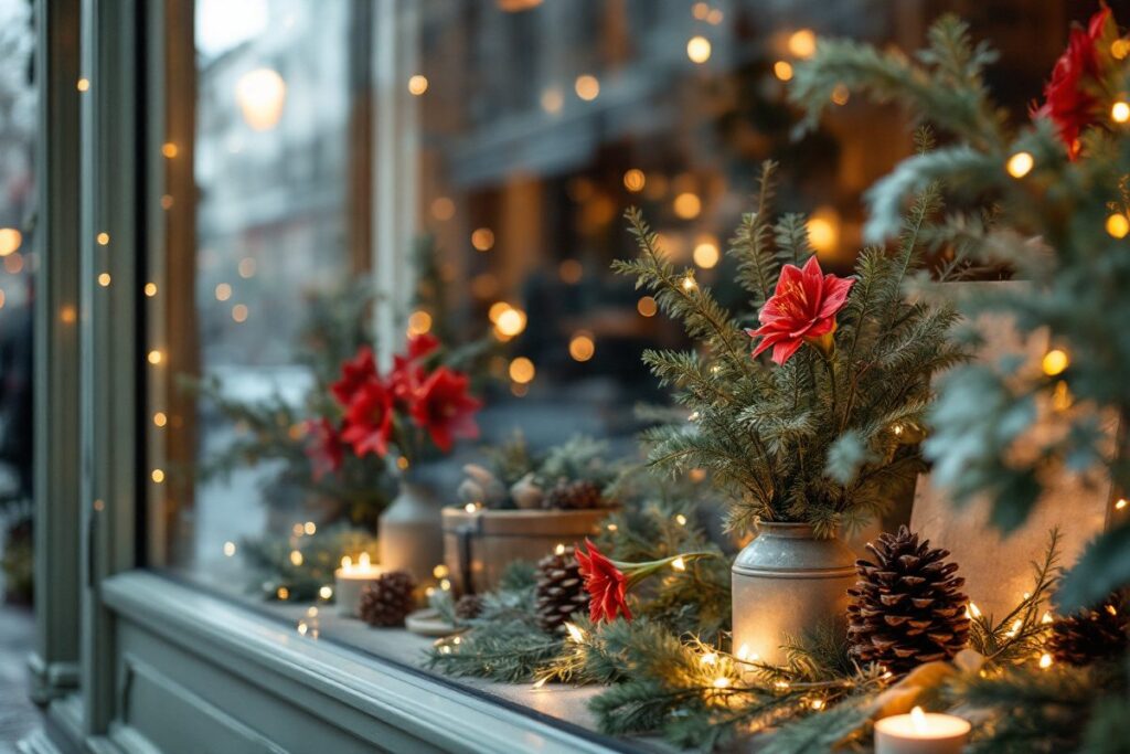 Vitrine de fleuriste pour Noël avec branches de sapin, amaryllis rouges et guirlandes lumineuses