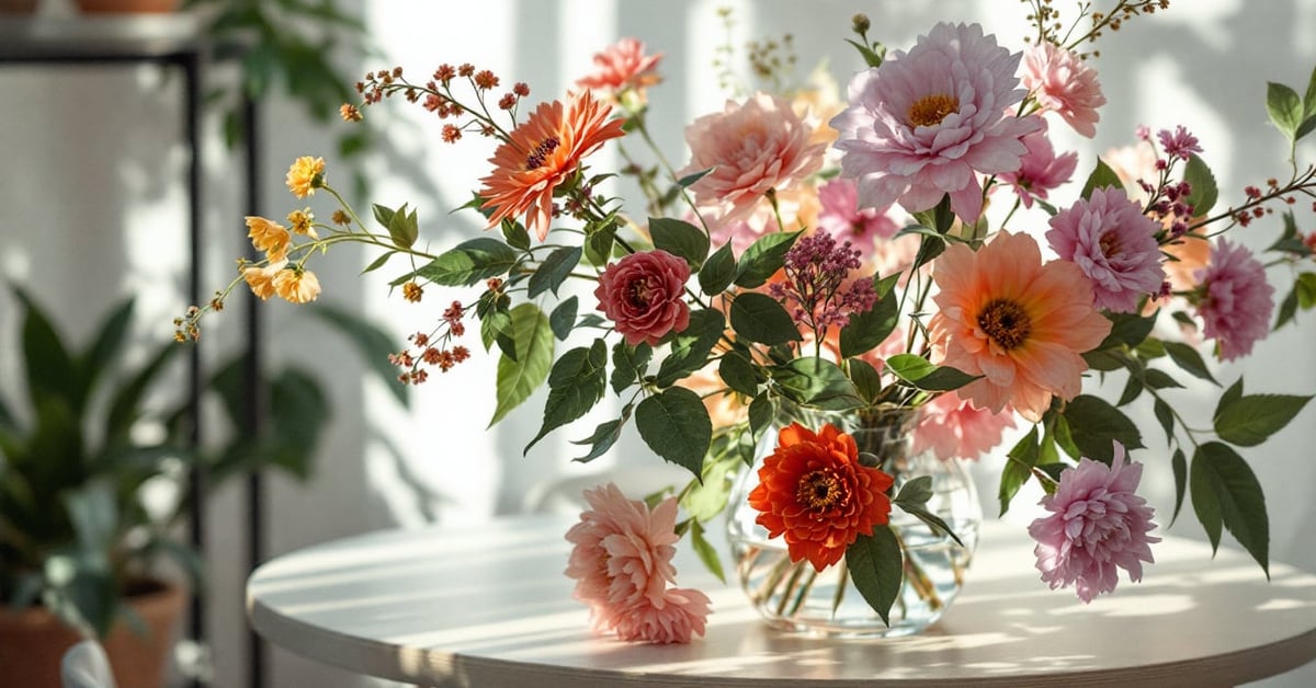 Composition d'art floral contemporain avec des fleurs fraîches aux couleurs naturelles dans un cadre moderne