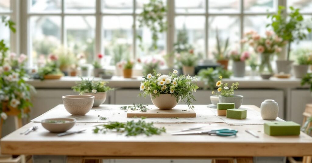Table d'atelier scolaire préparée pour un cours d'art floral, avec coupes, mousse et ciseaux