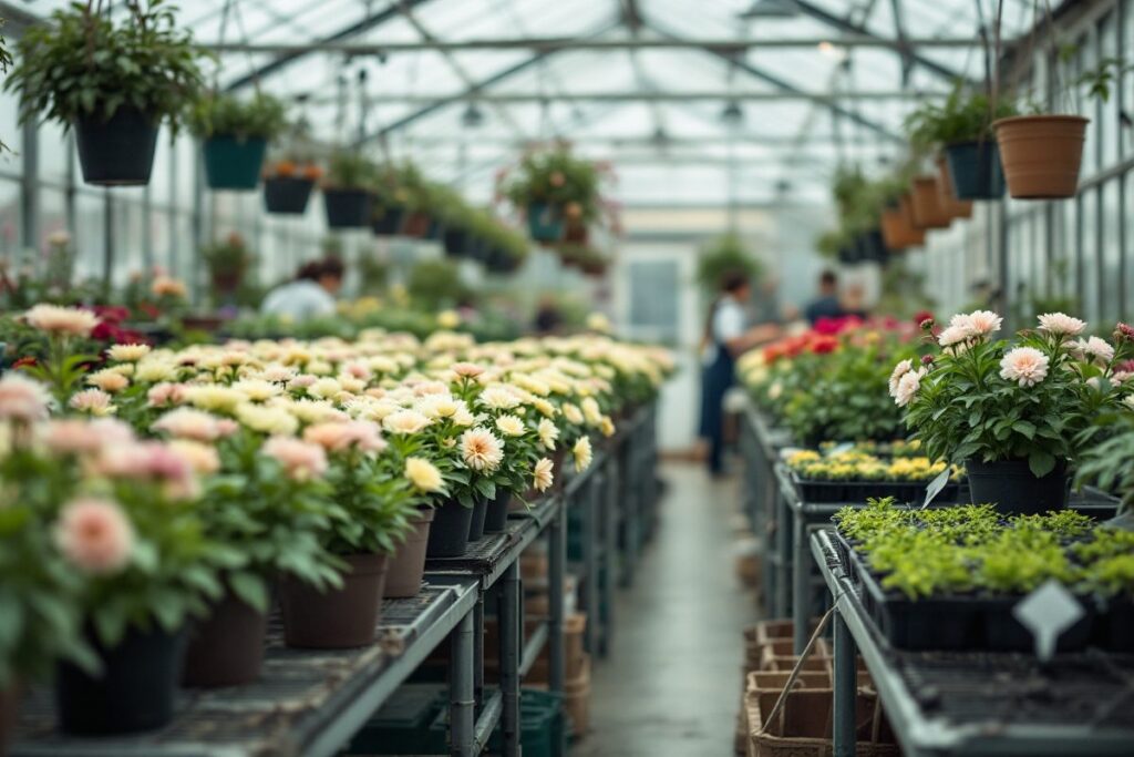 Serre d'établissement scolaire avec plantes ornementales en pot et chrysanthèmes en fleurs