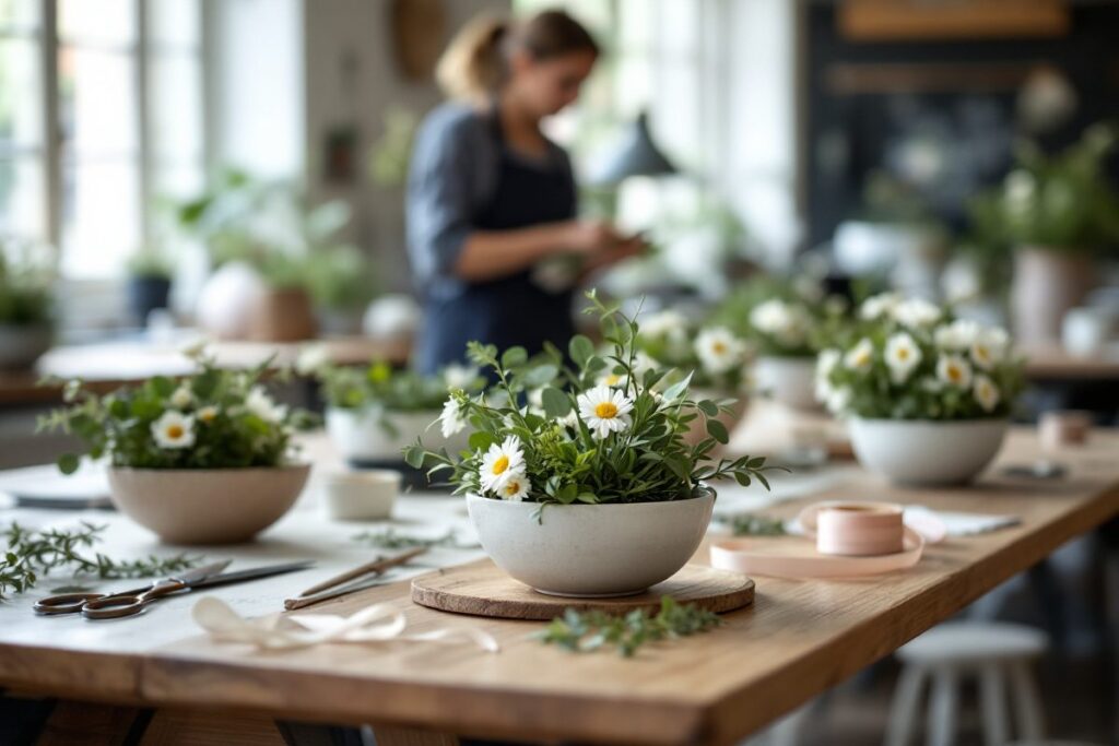 Petites compositions florales de débutants dans des coupes basses, sur une table d'atelier