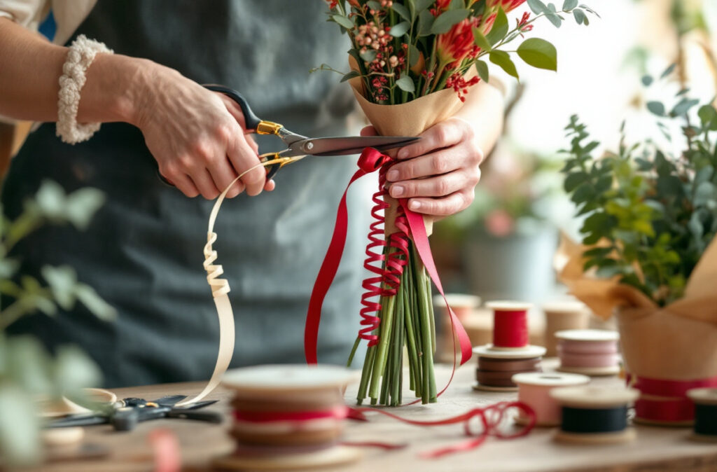 Mains frisant au ciseau un bolduc fin noué sur un bouquet, frisures rouges et bobines colorées sur l'établi