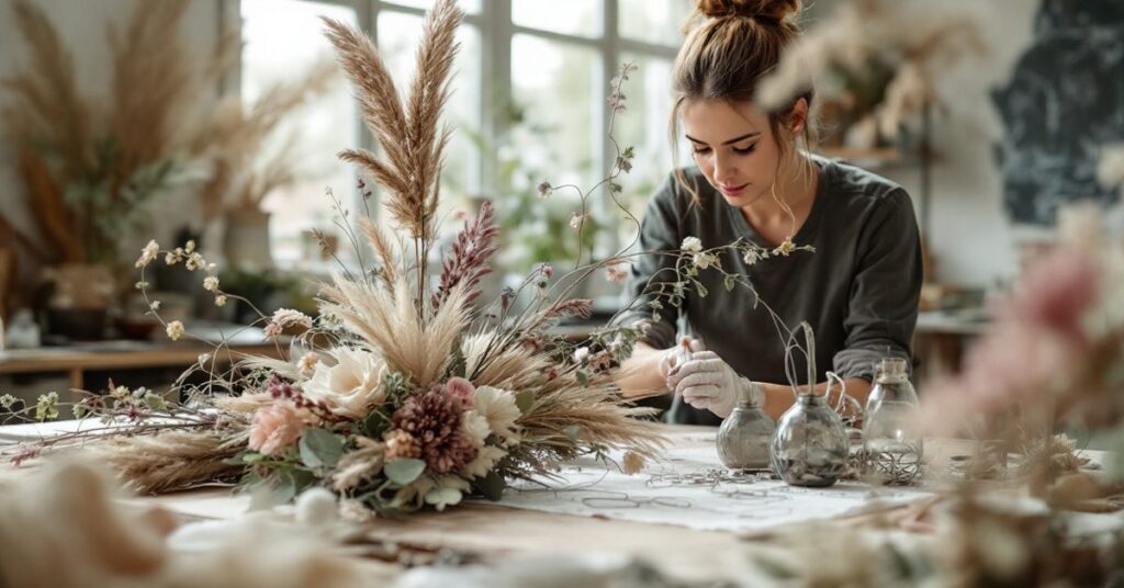 Fleuriste réalisant une création florale structurée avec graminées et fleurs séchées