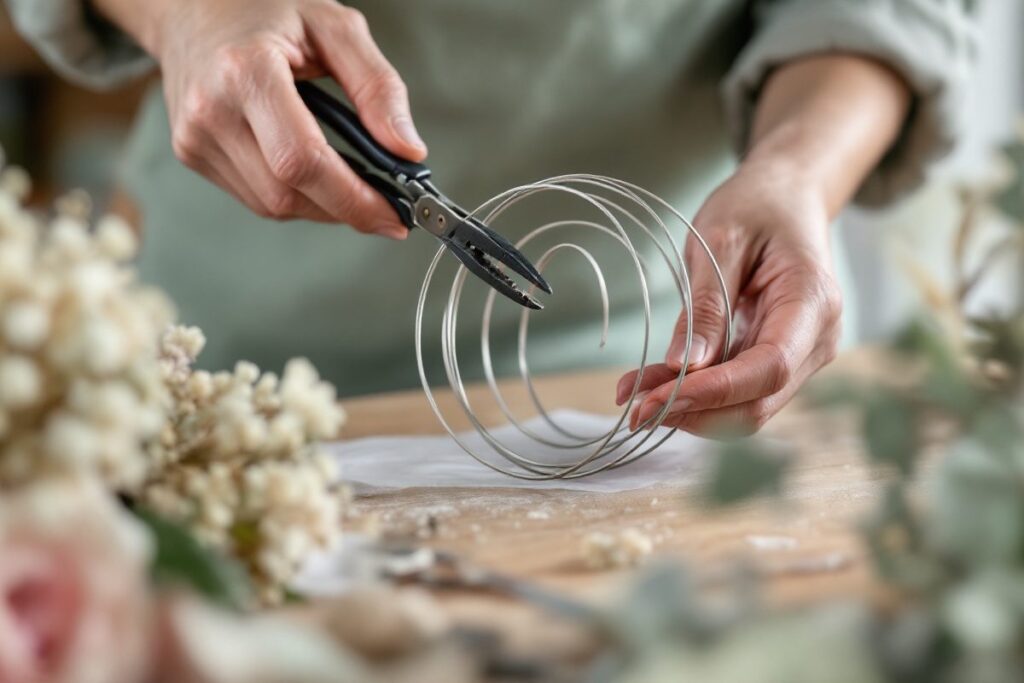 Mains de fleuriste mettant en forme du fil aluminium décoratif avec une pince