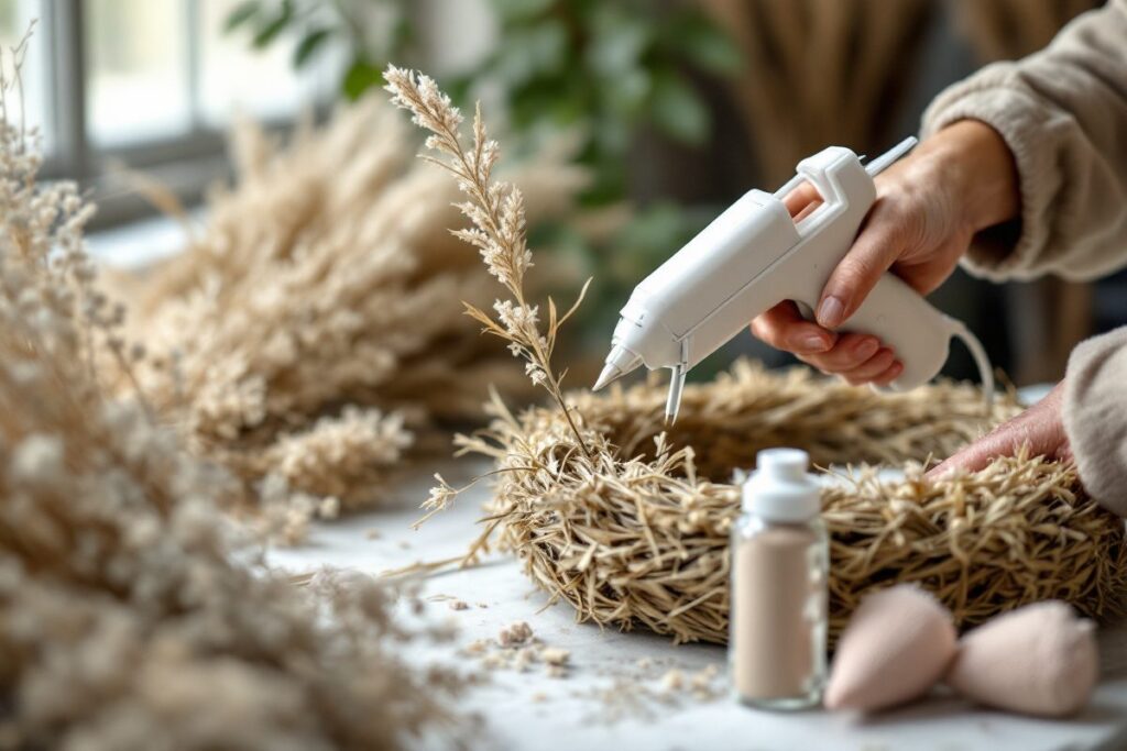 Fleuriste fixant des fleurs séchées sur une couronne au pistolet à colle