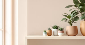 Cache-pots en céramique et en ciment beige, taupe et vert sauge garnis de succulentes sur une étagère de boutique
