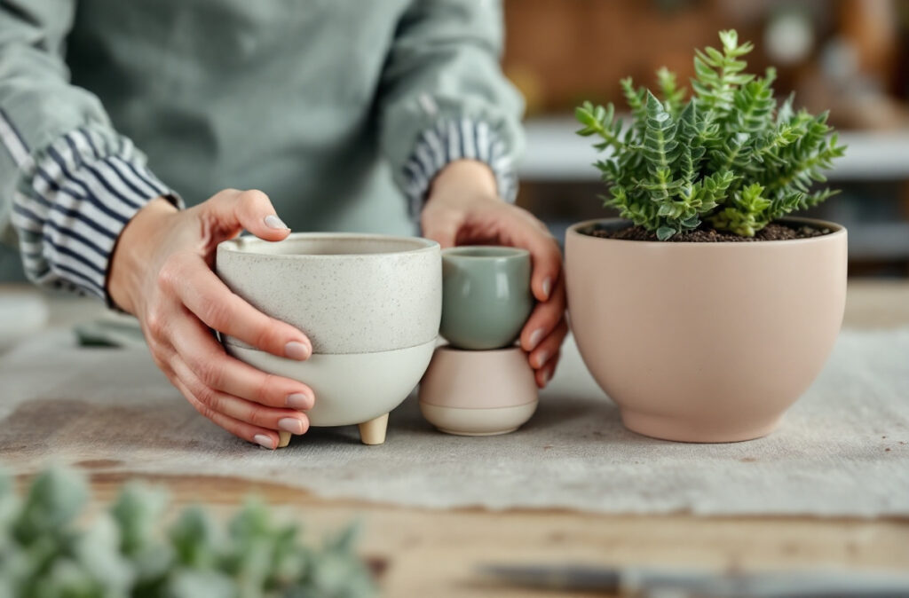Mains comparant un cache-pot en ciment beige et deux cache-pots en céramique sur un plan de travail de fleuriste