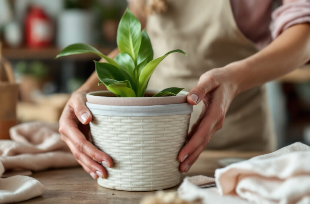 Mains replaçant une plante égouttée dans un cache-pot en osier dont on voit l'intérieur plastifié