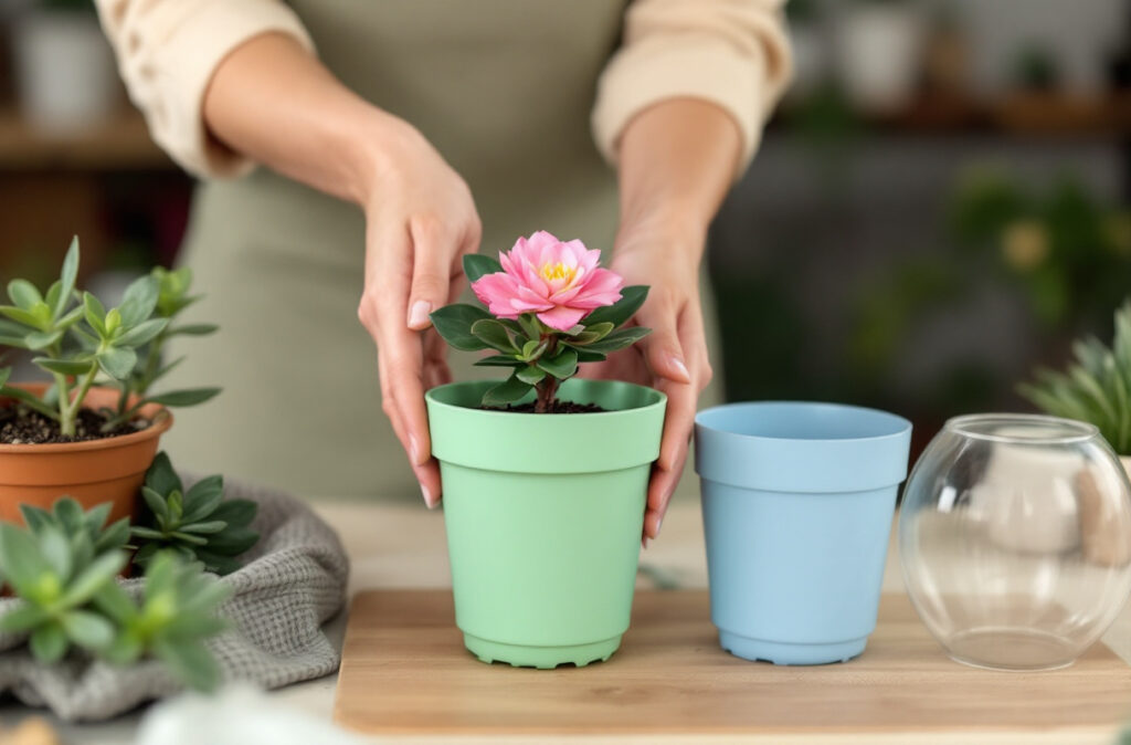 Mains plaçant une plante fleurie en pot dans un cache-pot en plastique vert pastel, à côté de modèles transparents