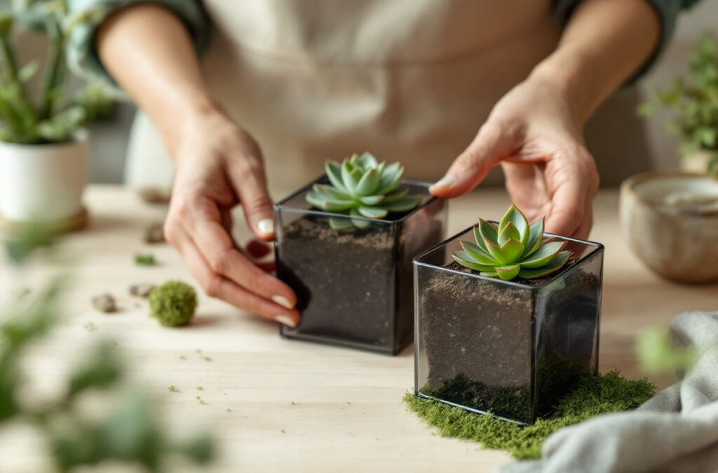 Mains déposant une succulente en godet dans un cube en verre gris, à côté d'un cube noir garni de mousse
