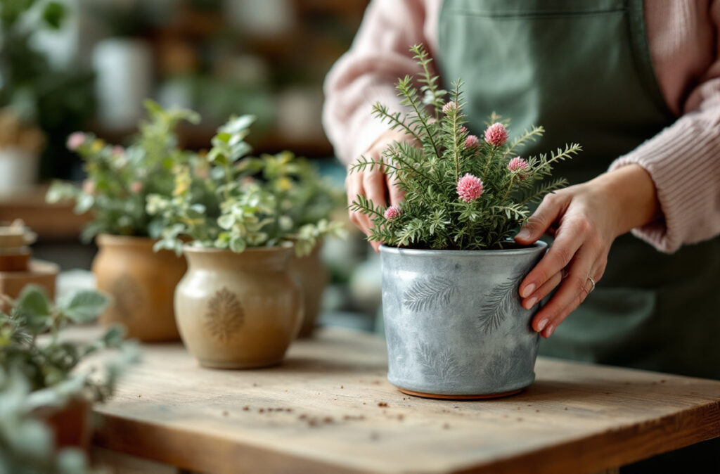 Mains glissant une bruyère en pot dans un cache-pot en zinc à décor de pommes de pin sur un plan de travail