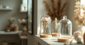Trois cloches en verre de hauteurs différentes sur plateau bois abritant des fleurs séchées et une rose stabilisée