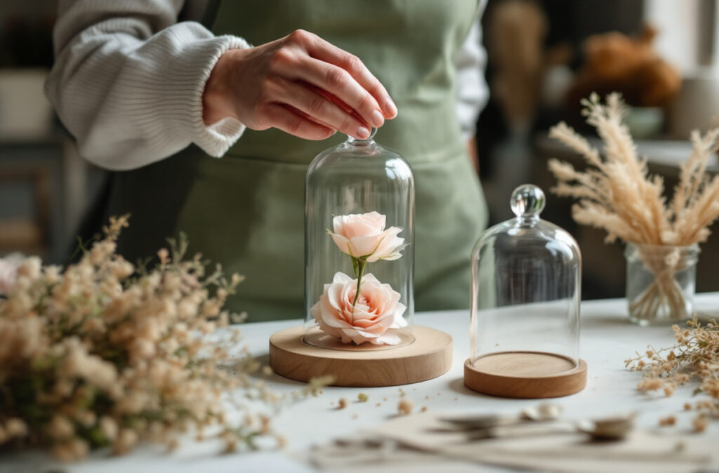 Mains posant une cloche en verre sur son plateau bois au-dessus d'une rose stabilisée