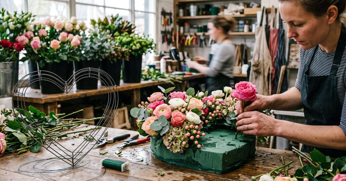 Support en mousse florale et armature métallique pour créer un cœur de fleurs