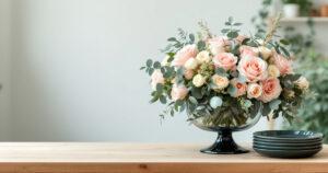 Centre de table bas de roses et d'eucalyptus dans une coupe en verre, près de coupes horticoles vertes