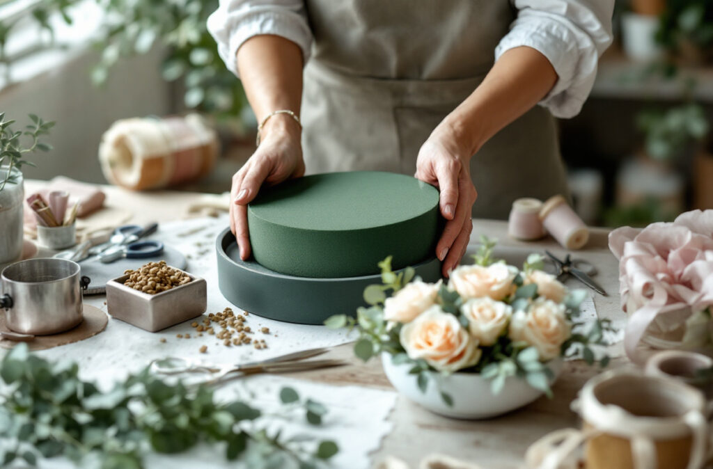 Mains enfonçant un bloc de mousse florale humide dans une coupe verte, près de coupes en zinc, verre et céramique