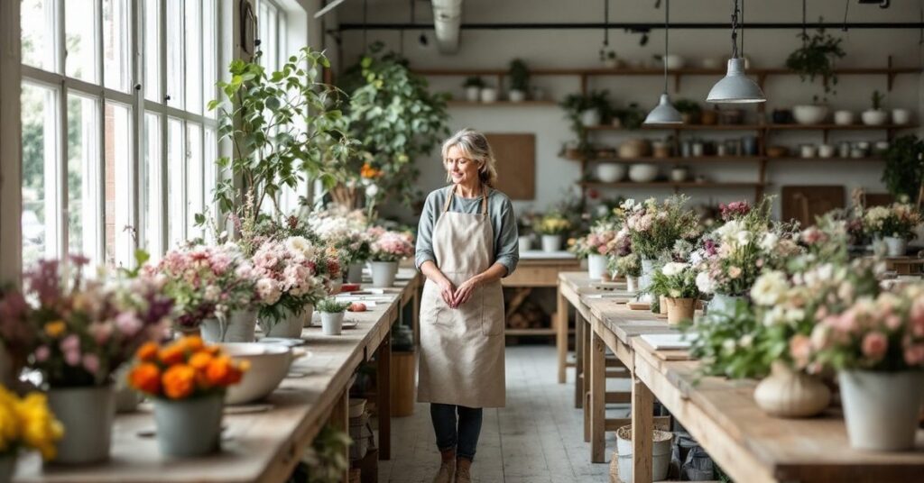 Atelier de formation en art floral avec de longs établis et des seaux de fleurs