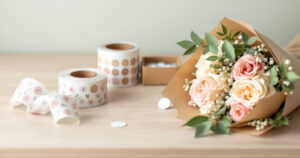 Rouleaux d'étiquettes de vœux rondes et carrées sur un comptoir, près d'un bouquet emballé de kraft
