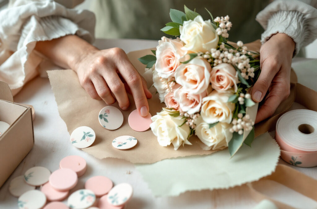 Mains collant une étiquette de vœux ronde sur le pli du papier kraft d'un bouquet de roses