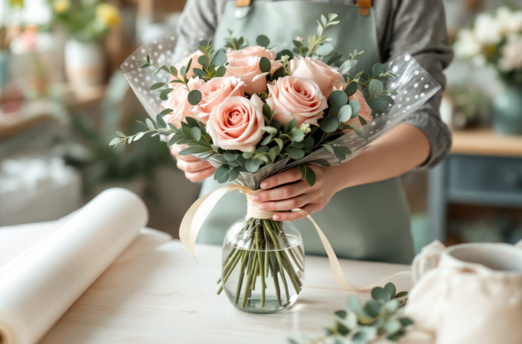 Mains serrant le lien d'un bouquet bulle emballé dans un film à pois, avec sa réserve d'eau au pied des tiges