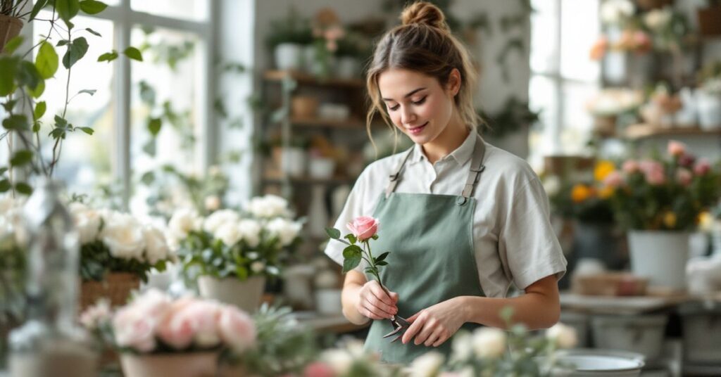 Apprentie fleuriste coupant une tige de rose dans l'atelier d'une boutique