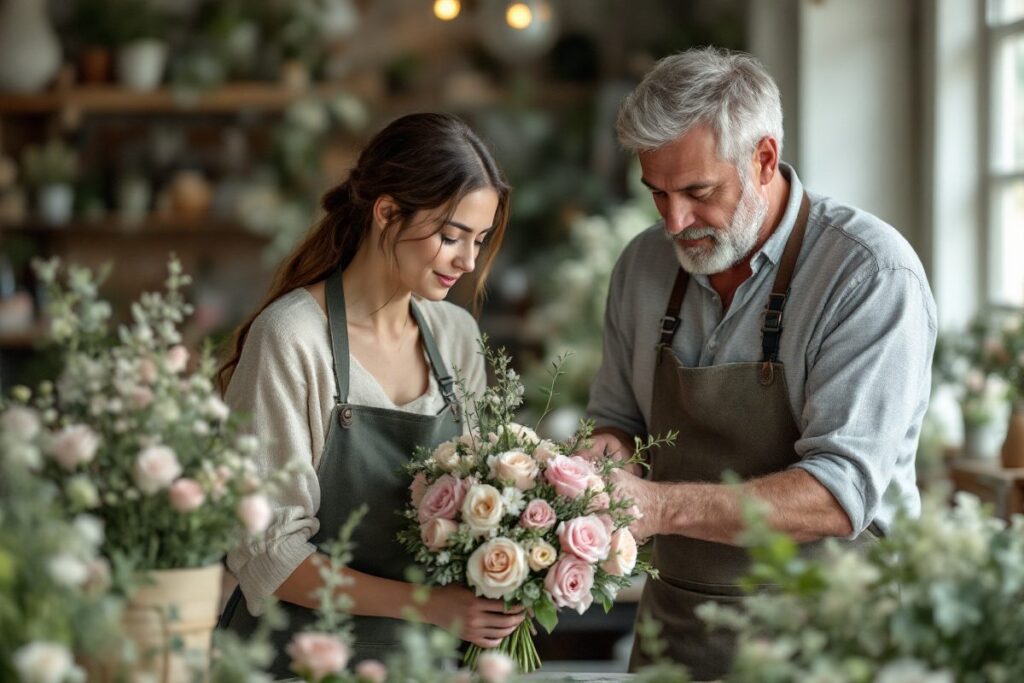 Maître d'apprentissage montrant une technique de bouquet à une apprentie fleuriste