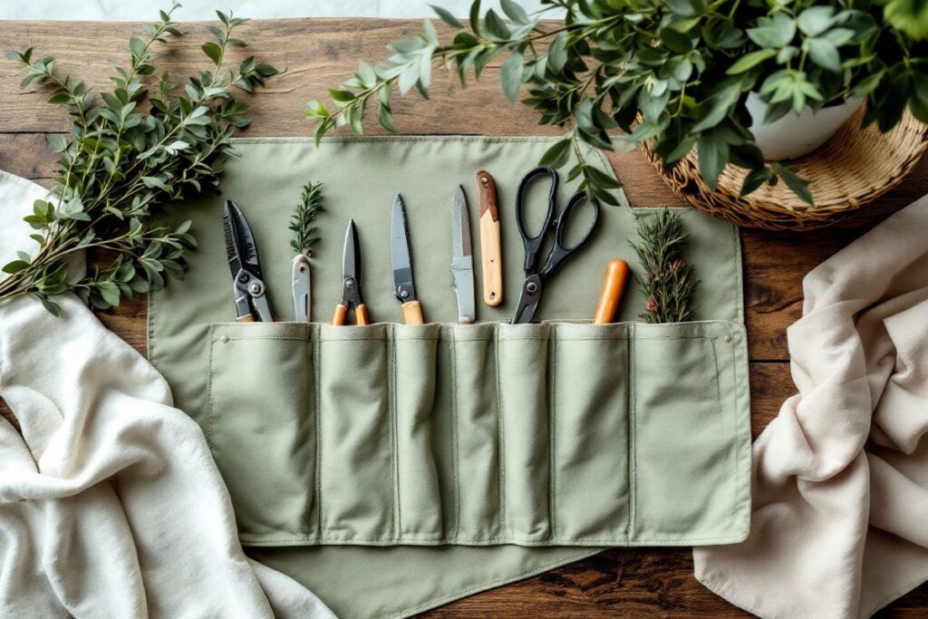 Trousse à outils de fleuriste déroulée avec sécateurs, ciseaux et couteaux