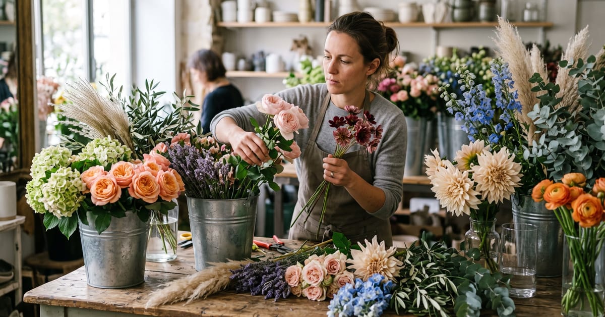 Palette florale de mariage alliant couleurs, textures et silhouettes pour un bouquet harmonieux