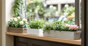 Jardinières basses en zinc, ciment beige et plastique blanc plantées de cyclamens et de lierre en vitrine