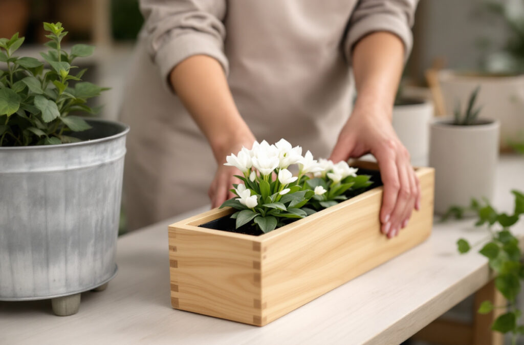 Mains posant un cyclamen blanc dans une longue jardinière en bois, près de modèles en zinc et en ciment