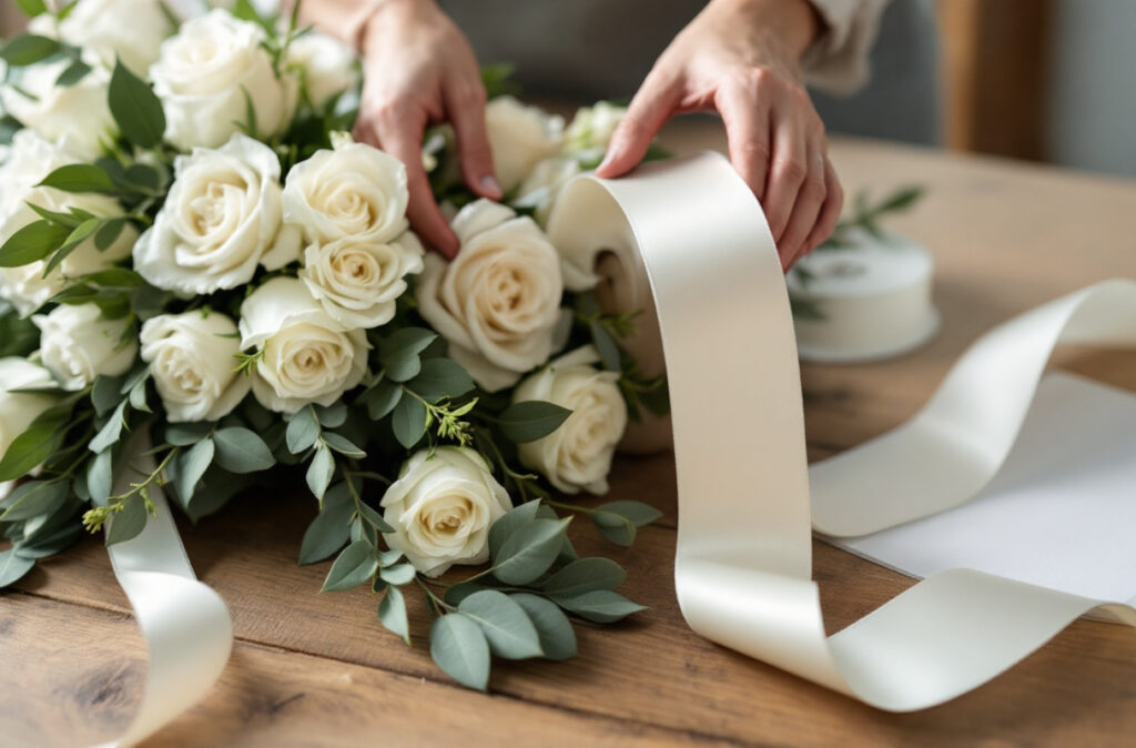 Mains de fleuriste déroulant un ruban de satin ivoire au-dessus d’une composition de roses blanches