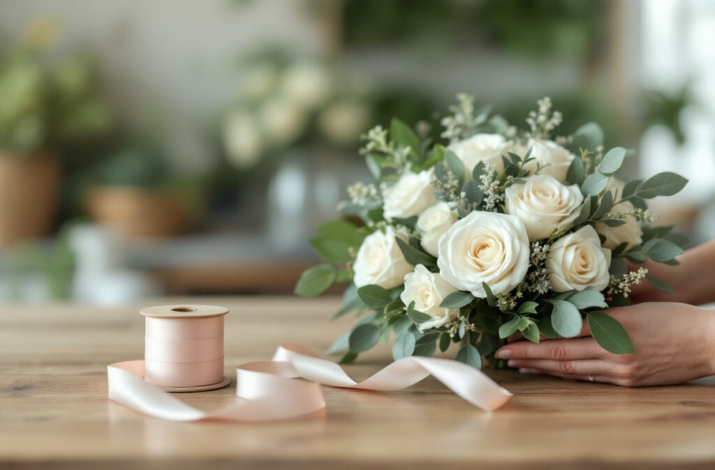 Comptoir de fleuriste avec une composition de roses blanches et une bobine de ruban rose poudré