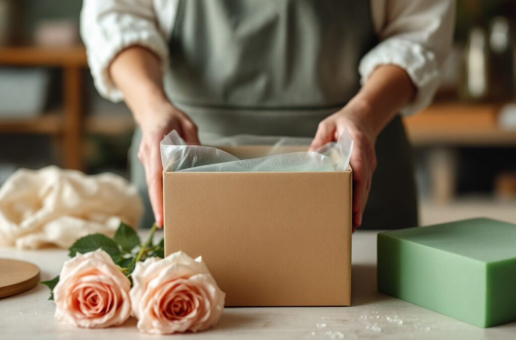 Mains doublant de film plastique une boîte à chapeau carrée avant d'y poser la mousse florale