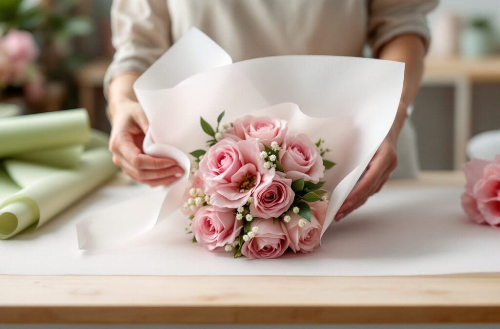 Mains superposant deux feuilles de papier de soie ivoire et rose pâle autour d'un petit bouquet de roses