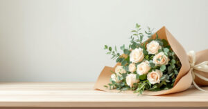 Rouleaux de kraft brun, blanc et bicolore vert sauge sur un comptoir, à côté d'un bouquet emballé de kraft
