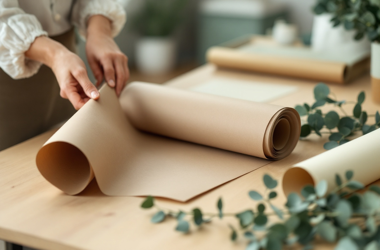 Mains déroulant un rouleau de kraft naturel sur le comptoir d'un atelier floral, à côté d'une pile de feuilles de kraft prédécoupées