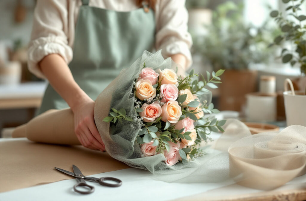 Mains posant une bande de fibre décorative vert sauge en collerette autour d'un bouquet emballé de kraft