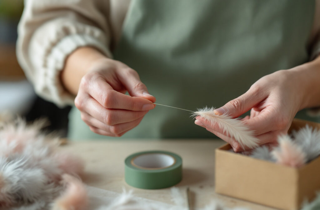 Mains montant une plume écru sur fil de fer floral sur un plan de travail de fleuriste