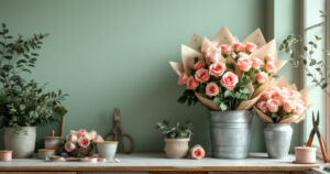 Roses en poches à bouquet imprimées, dressées dans des seaux en zinc sur le comptoir d'une boutique de fleurs