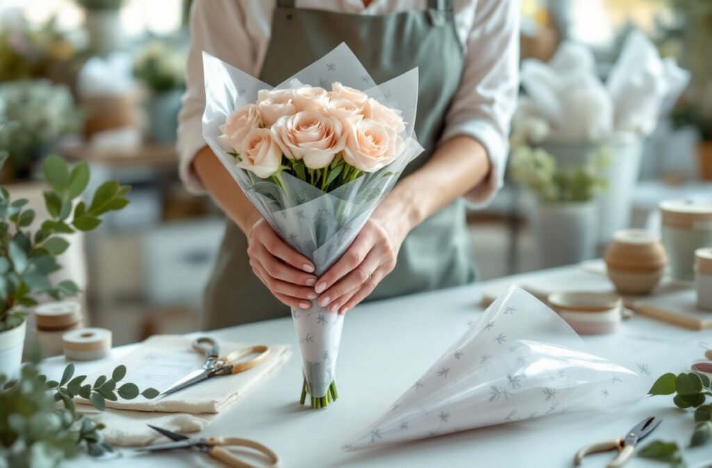 Mains tenant un bouquet de roses pâles glissé dans une poche à bouquet transparente imprimée, une poche vide à plat sur l'établi