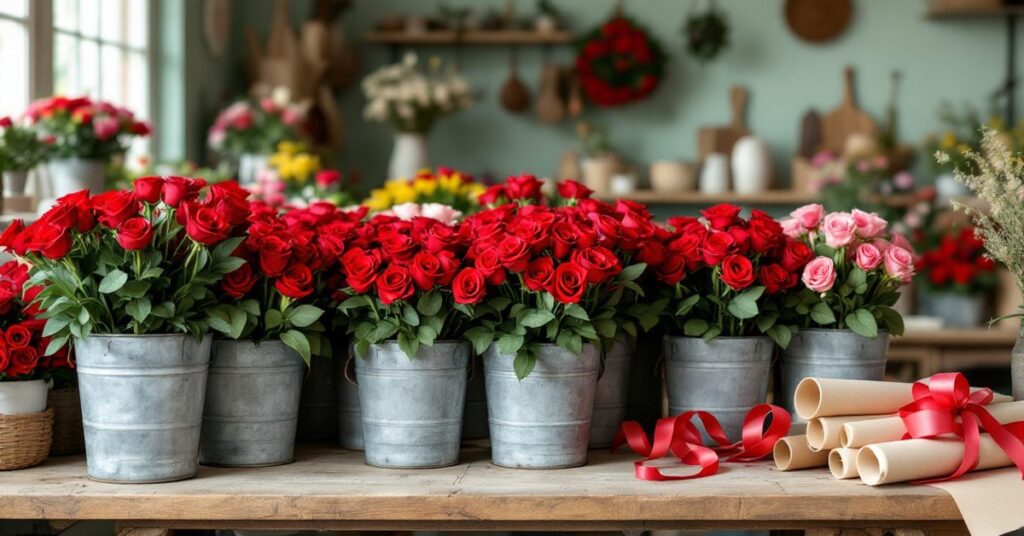 Seaux de roses rouges et rouleaux de papier kraft préparés pour la Saint-Valentin