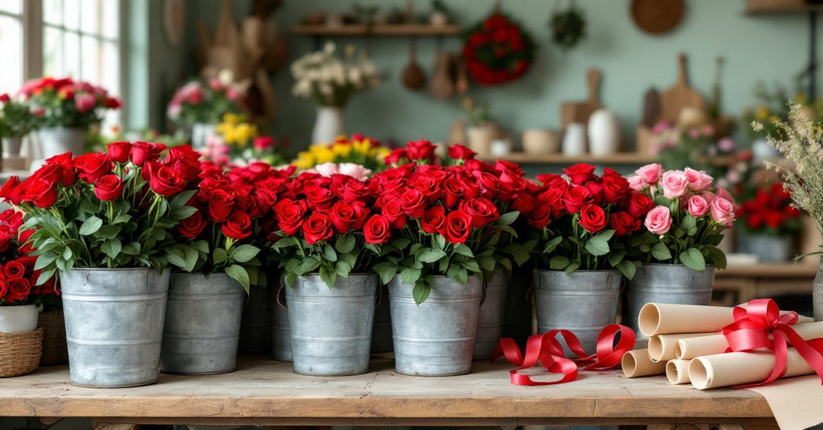 Seaux de roses rouges et rouleaux de papier kraft préparés pour la Saint-Valentin