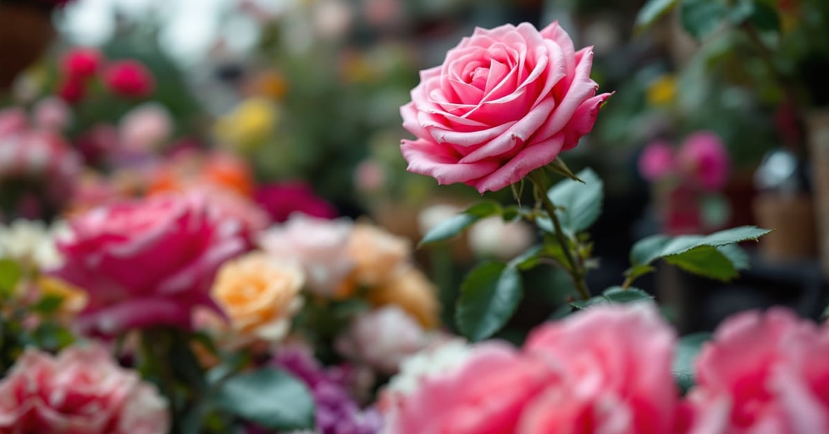 Prix d'une rose chez un fleuriste — bouquet de roses fraîches sur un comptoir de fleuriste