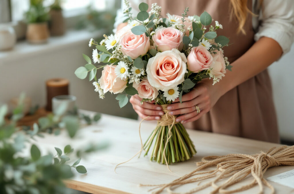 Mains nouant une mèche de raphia écru autour des tiges d'un bouquet champêtre