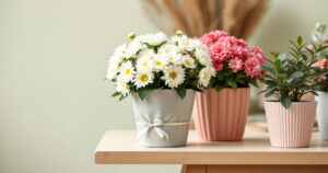 Chrysanthèmes et plantes fleuries habillés d'une rosace argentée et de manchettes plissées roses et blanches