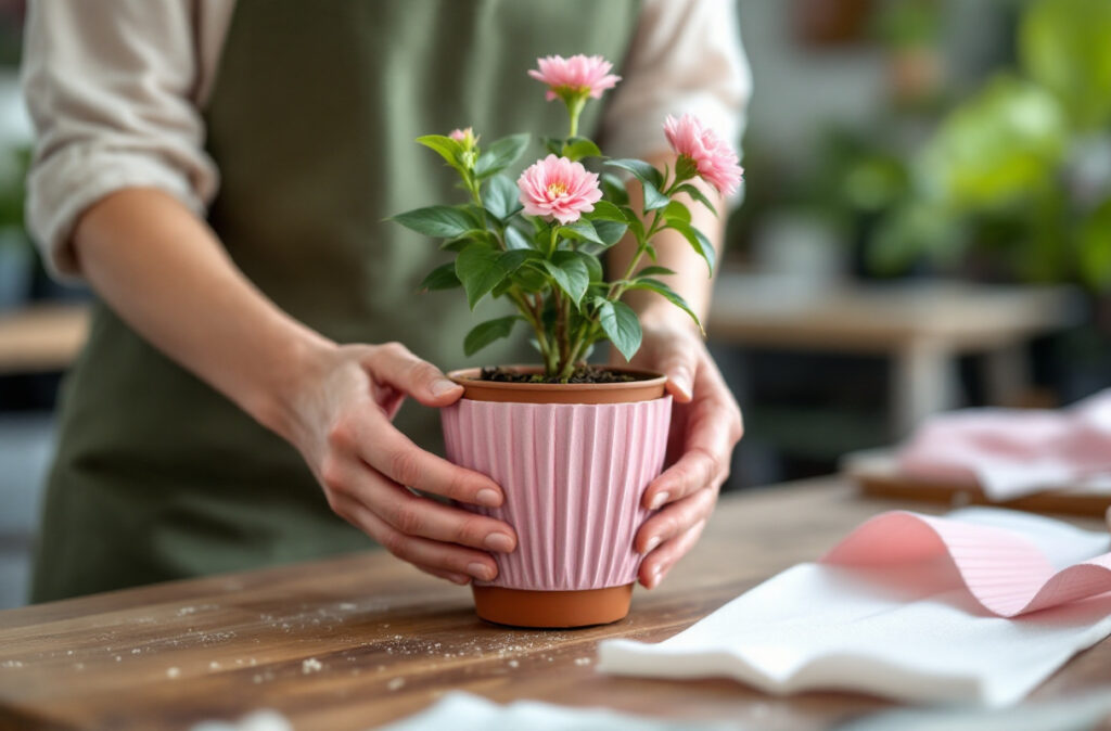 Mains ajustant une manchette plissée rose autour d'un pot de plante fleurie, une manchette blanche posée à côté