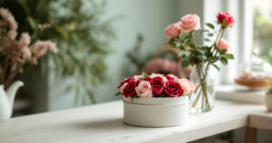 Boîte ronde garnie de roses stabilisées roses et crème, roses sur tige dans un vase et cloche en verre